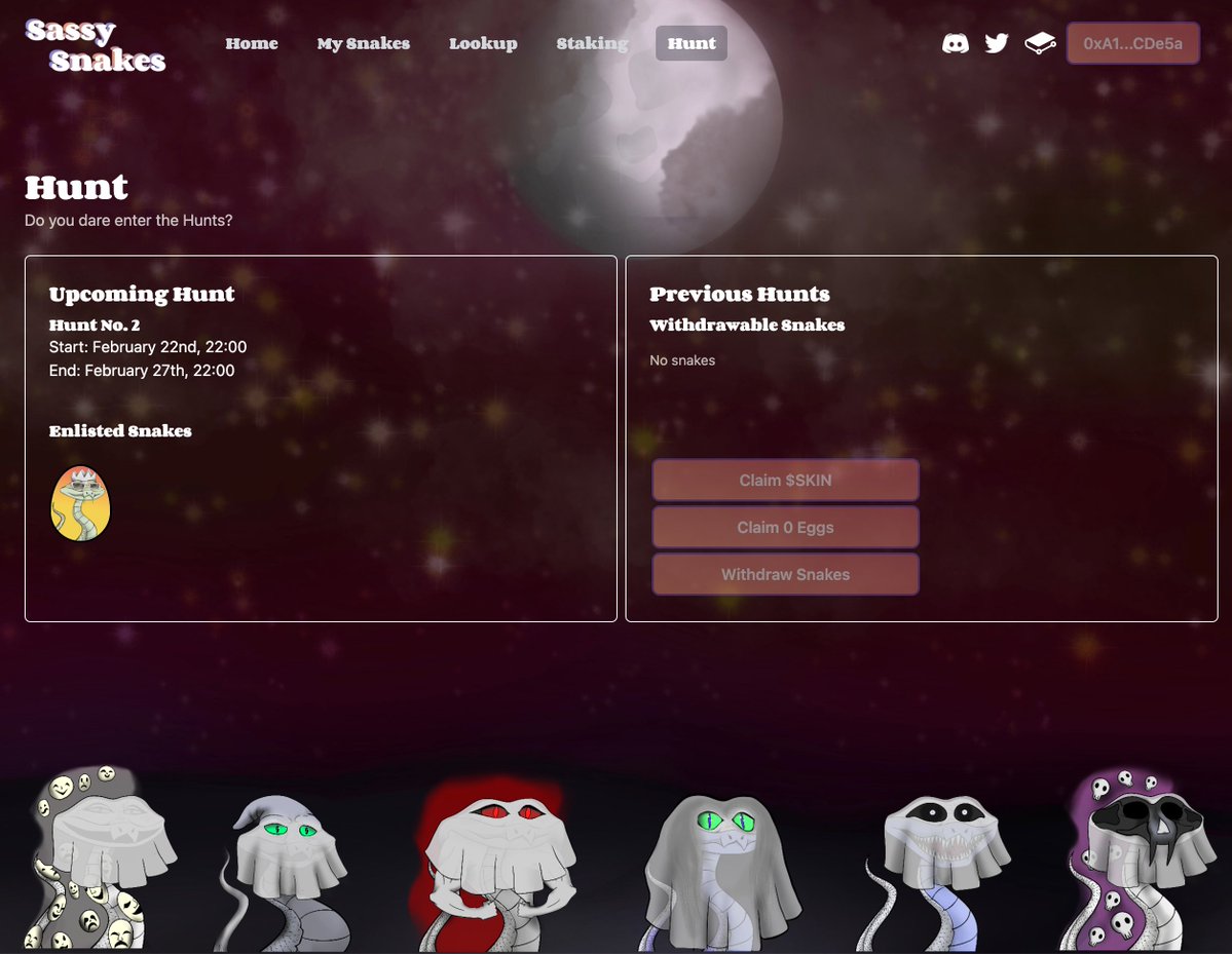 Entries for the 3rd hunt are open! You'll have 2 days to get your Sassy Snakes enlisted before the hunt commences ✨🐍

Enter to win hatchable Sassy Snake Egg NFTs - snakeling teasers coming sssoon! 👻