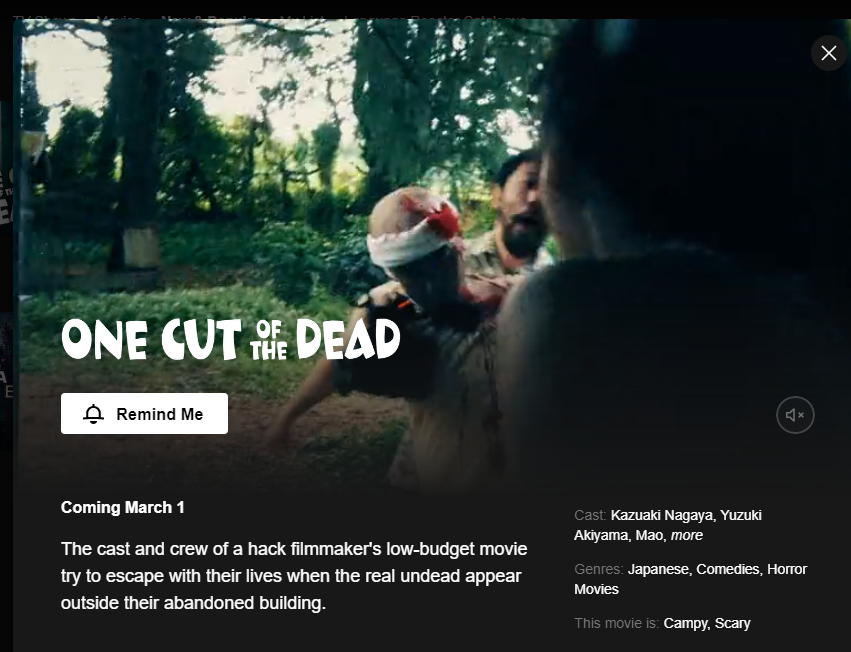 เช็ดดดดด One Cut of the Dead ลง Netflix เว้ยเฮ้ย!!!

ใครไม่เคยดูแต่อยากลิ้มรสปสก.การดูหนังแบบ "ครั้งหนึ่งในชีวิต" แนะนำให้กดกระดิ่งไว้ หนังเข้าเมื่อไรไปดูเลยไม่ต้องหาข้อมูล กลั้นใจดูช่วงแรกให้จบไปเพื่อเก็บเกี่ยวรางวัลในครึ่งหลัง (อย่าสคิป) เชื่อว่าประทับใจแน่นอน