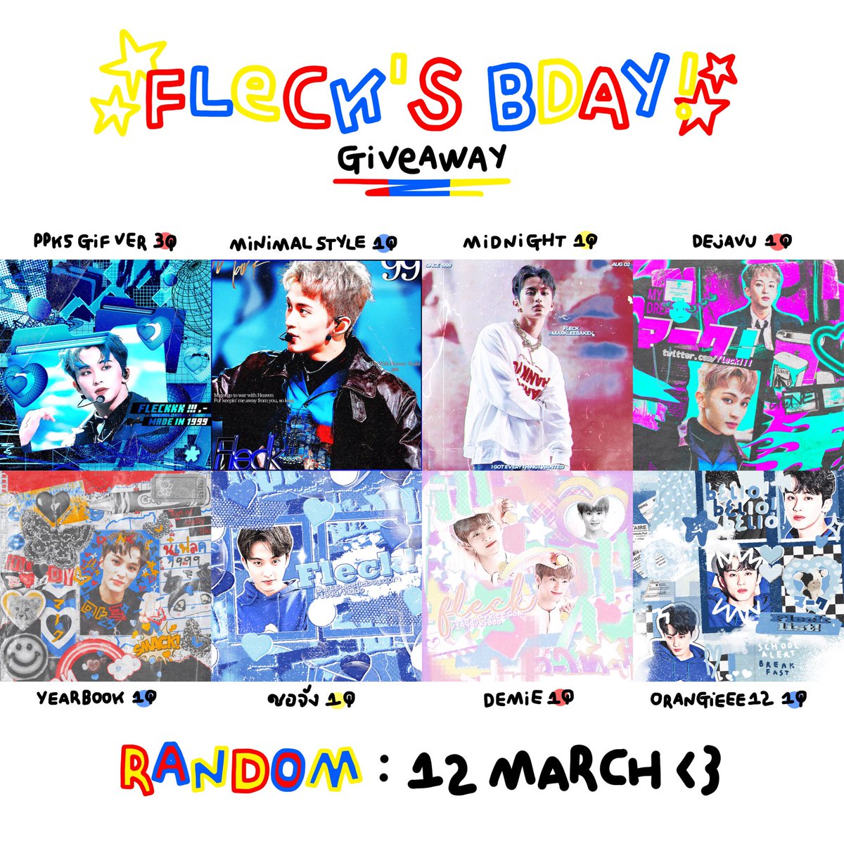 🔆 fleck’s birthday 🌈 give away 🌟
—
💟 random 12/03 🍒
—
🏄🏻‍♀️ รายงานตัวเป็นอวยพรวันเกิดเรานะคับ 🎨