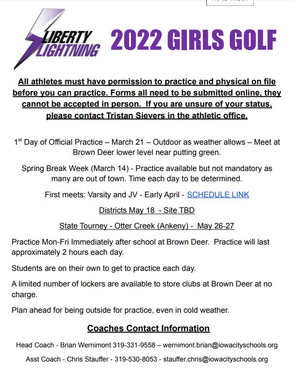 boltgirlsgolf's tweet photo. Spring Girls Golf is just around the corner!  First practice is March 21.  Now is the time to to get your physical and permission forms submitted!  More information available by clicking the link or emailing wernimont.brian@iowacityschools.org https://t.co/Uytg49STjm