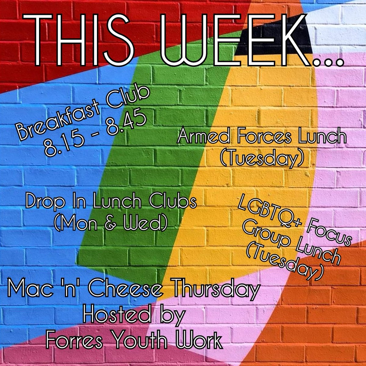 MatthiasEmma_'s tweet photo. This week at @forresacademy1 we have:
๐ Breakfast Club everyday ๐ In the social area ๐
Lunch Clubs in The Hub Kitchen:
โญMon - drop in
โญTues - Armed Forces
โญTues - LGBTQ+ Focus Group (Inclusion Rooms)
โญWed - drop in
โญ Thurs - Mac n cheese drop in
#forres #hslw https://t.co/wnYWHv3jp9