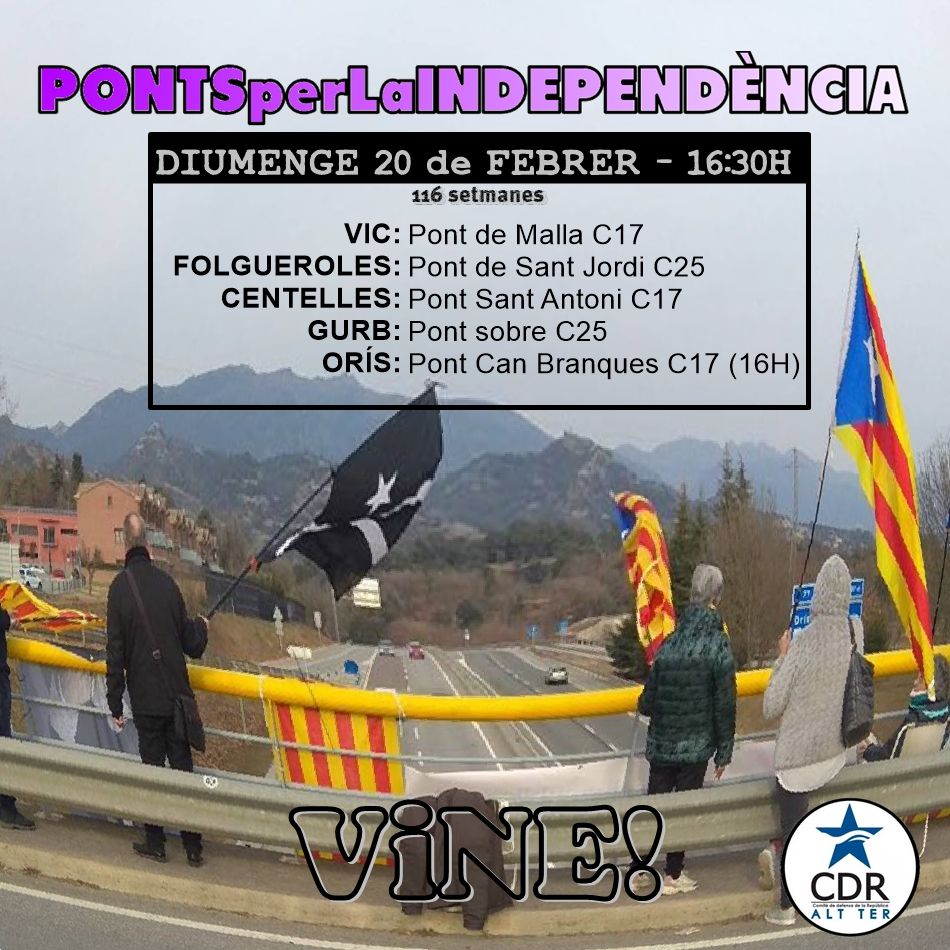 #PONTSperLaINDEPENDÈNCIA
Seguim una setmana més, i ja en són 116 ✊

DIUMENGE 20/02/22 a les 16:30H.
 📍#VIC: Pont de Malla C-17
 📍#CENTELLES: Pont Sant Antoni C-17
 📍#ORÍS: Pont Can Branques C-17
 📍#GURB: Pont de Gurb C-25
 📍#FOLGUEROLES: Pont Sant Jordi C-25

#AltTer