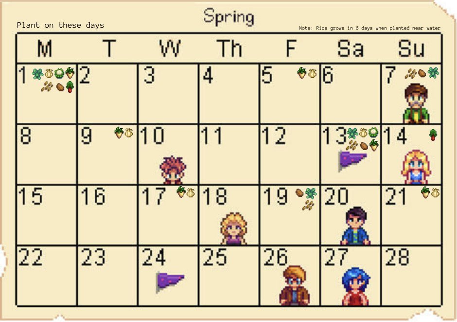 ConcernedSloth🦥🍃 on Twitter: "I made this calendar for Stardew Valley to  help me know when I should and shouldn't plant crops. On the day the crop  is shown is when you can