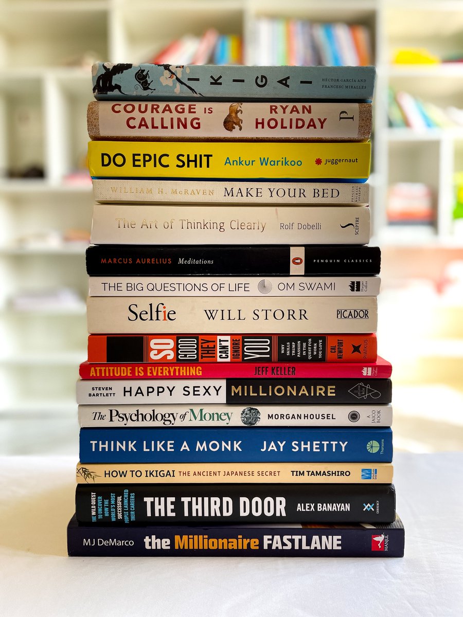 librarymindset's tweet photo. 16 Books To Read Before 2022 Ends

1)IKIGAI
2)Courage Is Calling
3)Do Epic Shit
4)Make Your Bed
5)Art of Thinking Clearly
6)Meditations 
7)Big Questions of Life
8)Selfie
9)So Good They Can’t Ignore You
10)Attitude Is Everything
11)Happy Sexy Millionaire
12)Psychology of Money https://t.co/aE6aSOo9b5
