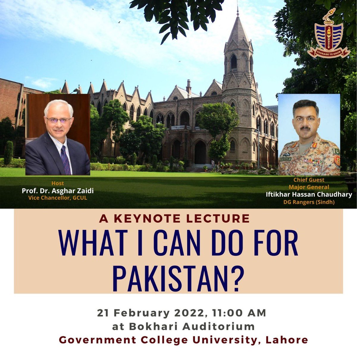 zaidia's tweet photo. Hosting a keynote lecture @gcuniversitylhr by Maj Gen. Iftikhar Hassan, DG Pakistan Rangers (Sindh), entitled “What I can do for Pakistan?” Our speaker was previously instructor at Pakistan Military Academy, Kakul,

@QASOfficial Syed Qasim Ali Shah will say introductory remarks. https://t.co/EC2ntsmk88