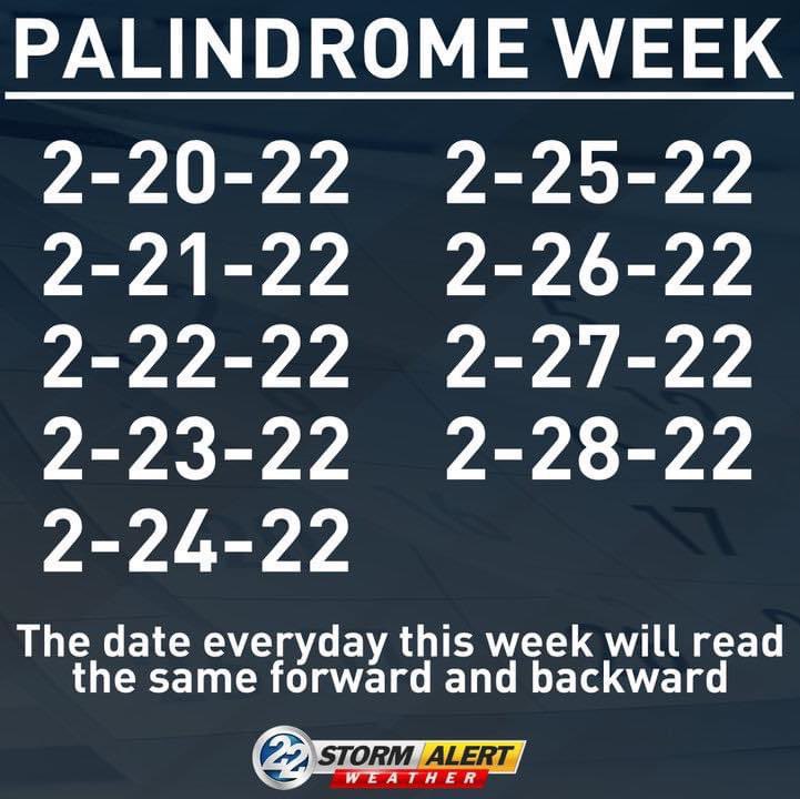 JamesParishWX's tweet photo. PALINDROME WEEK - The date everyday this week will read the same forward and backward! https://t.co/29xVRaxJnp