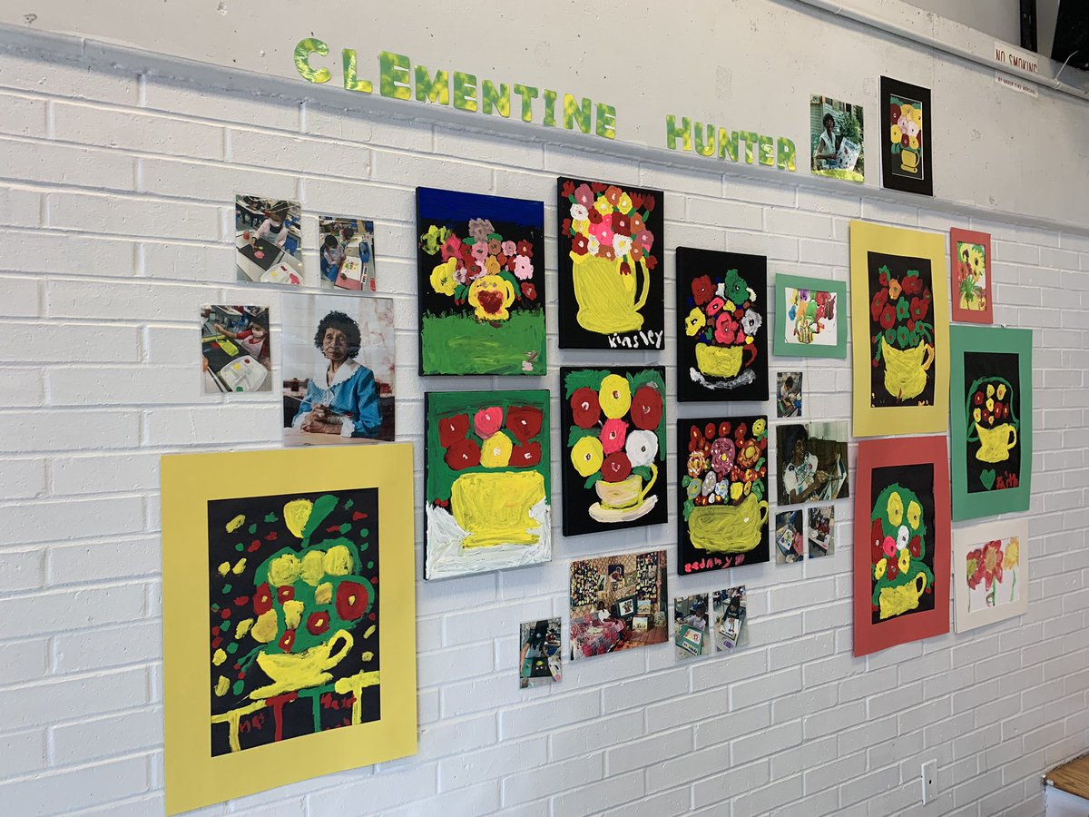 With our #BlackHistoryMonth performance upcoming @NeffECC we decided to use our cafeteria wall to create a mini-art installation to display our recreations of the work of Folk Painter Clementine Hunter. #BlackHistory #ClementineHunter @chandelart @HMays_2018 @HISDFineArt