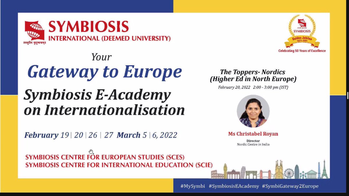 NordicCtrIndia's tweet photo. Glad to be part of @symbiosis_sces #GatewaytoEurope programme. Many thanks to @NidhiPKapur and her team for inviting me!
#Symbigateway2Europe #MySymbi #SymbiosisEAcademy #studyinsweden #studyinfinland #studyinnorway #studyindenmark #studyiniceland #NordicHE https://t.co/BVz7iWnilk