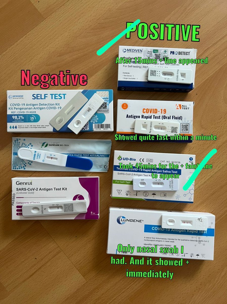 drmuizmurad's tweet photo. from one of my whatsapp group on recommended brand to buy. the green ones are the better ones apprently. 
"My doc friend punya patients ramai -ve bila guna yg kiri but +ve bila guna kanan &amp; buat PCR.." feedbacks are welcome. 🙏🏽 https://t.co/guTfx76BZZ