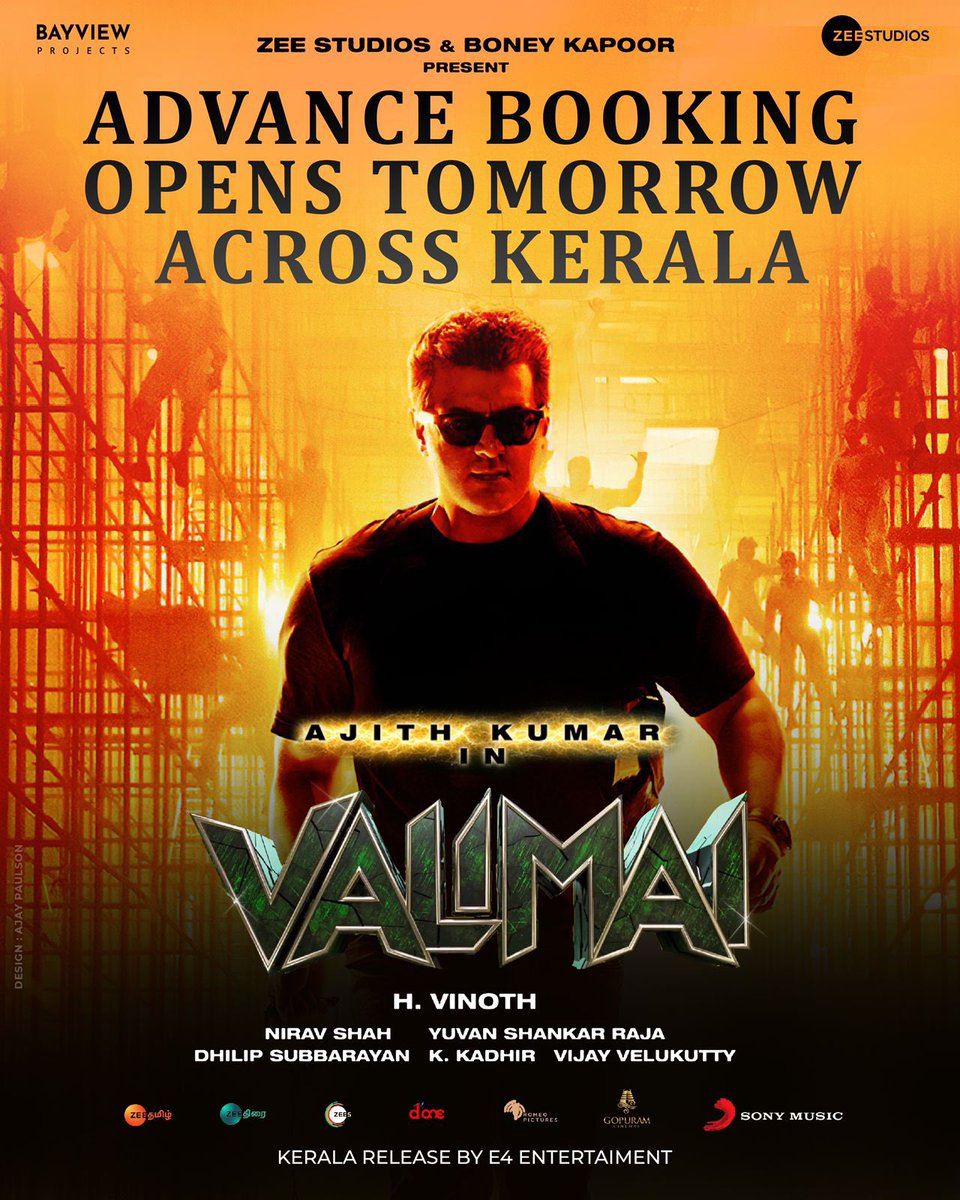 ZeeStudios_'s tweet photo. It’s time for pre-booking! The advance booking for #Valimai will be opening from tomorrow across Kerala!🥳

#AjithKumar @BoneyKapoor #HVinoth @thisisysr @BayViewProjOffl @IVYProductions9 @innamuri8888 @Venkatupputuri  @sureshchandraa @ActorKartikeya #NiravShah @humasqureshi https://t.co/lLi6WSMSph