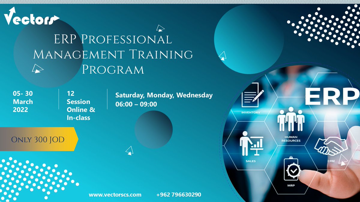 vectors_cs's tweet image. 📌 Vectors Academy would like to invite you to register for the next training program
 
        &quot; ERP Professional Management &quot;

👨‍🏫 Trainer:- Bilal Abualzait
🔗 Please check the program details through our website:- bitly.ws/oz9n
🗂 To register: lnkd.in/eZNPk9t4