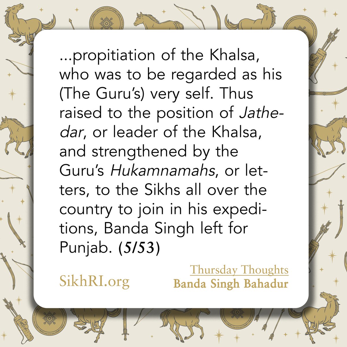 SikhRI's tweet photo. “A Nishan Sahib and a Nagara, or a flag and a drum, were bestowed upon him as emblems of temporal authority...” (5/53) - Dr. Ganda Singh
Author: https://t.co/ONJtyGMnzr
#SikhThoughts #ThursdayThoughts #Sikh #Punjab #India #GuruGobindSingh #GuruGobindSinghJi #BandaSingh https://t.co/SRhkWMYYiQ