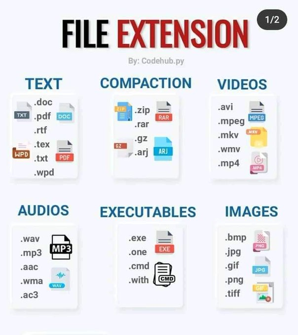 اليكم أهم امتدادات الملفات مع انوعها نص ومضغوك وفيديو وصور وصوت وغيرها ..