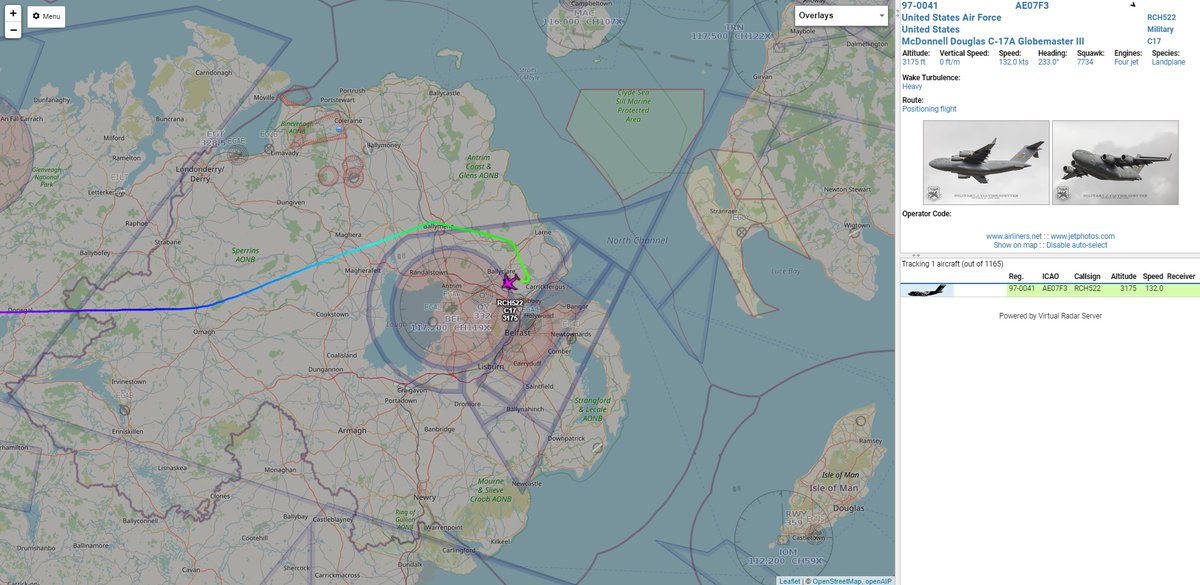 GI7SOB's tweet photo. A Prestwick weather divert saw the arrival of C-17A Reach 522 into Aldergrove this morning:
#AE07F3 Reach 522 USAF C-17A 97-0041 437AW KNKT/EGAA https://t.co/1EkBXAmEt7