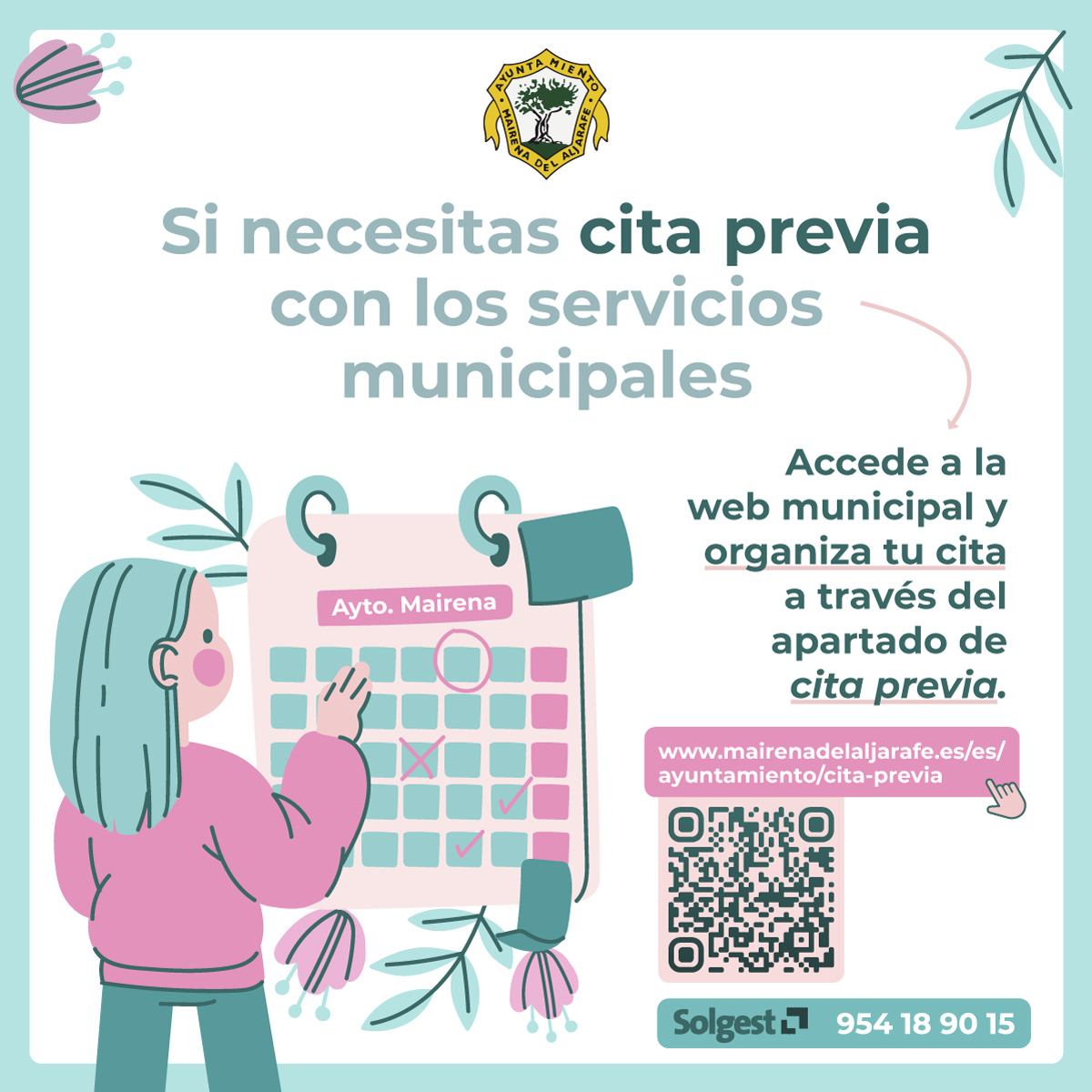 MairenaAljarafe's tweet photo. 📆
Si necesitas solicitar 𝗰𝗶𝘁𝗮 𝗽𝗿𝗲𝘃𝗶𝗮 para realizar tus gestiones, accede a la web municipal y organiza tu cita 👇
🏛Para el Ayuntamiento, Servicios Sociales y la Gerencia de urbanismo ➡️ https://t.co/AWqT7Dy9yE
📲Para #Solgest ➡️ 954 18 90 15 https://t.co/Pgxs0JBvFx