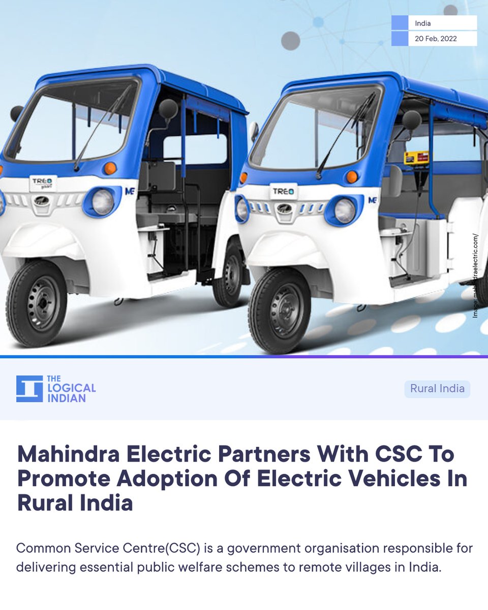 LogicalIndians's tweet photo. #EVAdoption: Mahindra Electric Mobility Ltd (#MEML) on Friday inked a partnership with the Common Service Centre to promote EV adoption across rural India.

@sumanmishra_1

#sustainability #Mahindra #EV #CSC https://t.co/l4o0BZD0Wm