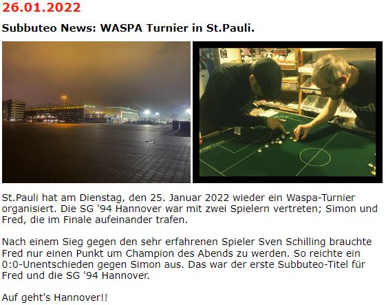 Sg94H's tweet photo. St.Pauli hat am 25. Januar wieder ein Waspa-Turnier organisiert. Die SG '94 war mit zwei Spielern vertreten; Simon und Fred, die im Finale aufeinander trafen. 
Fred gewann am Ende seinen ersten Titel 🏆
Glückwunsch 🤩 https://t.co/HdsiU2lPCv