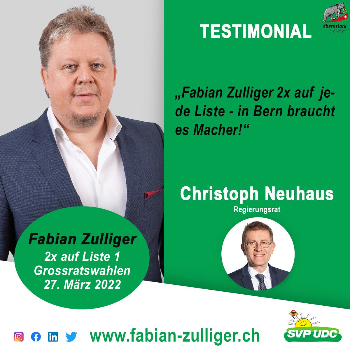 Wahlempfehlung von Regierungsrat Christoph Neuhaus👍! Vielen herzlichen Dank.

#wahlbe2022 #wahlempfehlung #grossratswahlen2022 #regierungsrat  #christophneuhaus #politik #politiker #bernstark🐻 #svpmittellandsüd #landwiederandieurne