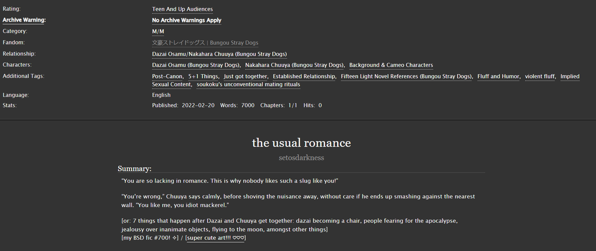 sofuckingmoe's tweet photo. 7 things that happen after Dazai and Chuuya get together: dazai becoming a chair, people fearing for the apocalypse, jealousy over inanimate objects, flying to the moon, etc.

+ 太中 / DaChuu / my BSD fic #700 ✧
+ link: https://t.co/xoozxG2nes https://t.co/w8rlUFSkFp