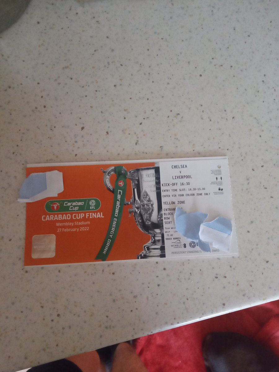Carabao cup final ticket.
Raffle spaces still available 1 in 40 chance of winning this ticket. Lower tier