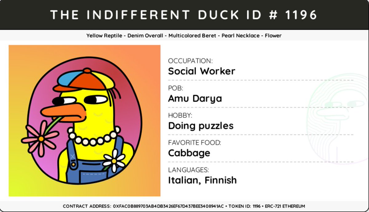 NFThee's tweet photo. Finely made hippie duck by a talented artist @yonfrula! I'll be taking care of your masterpiece. @IndifferentDuck https://t.co/59jJSj6nWG