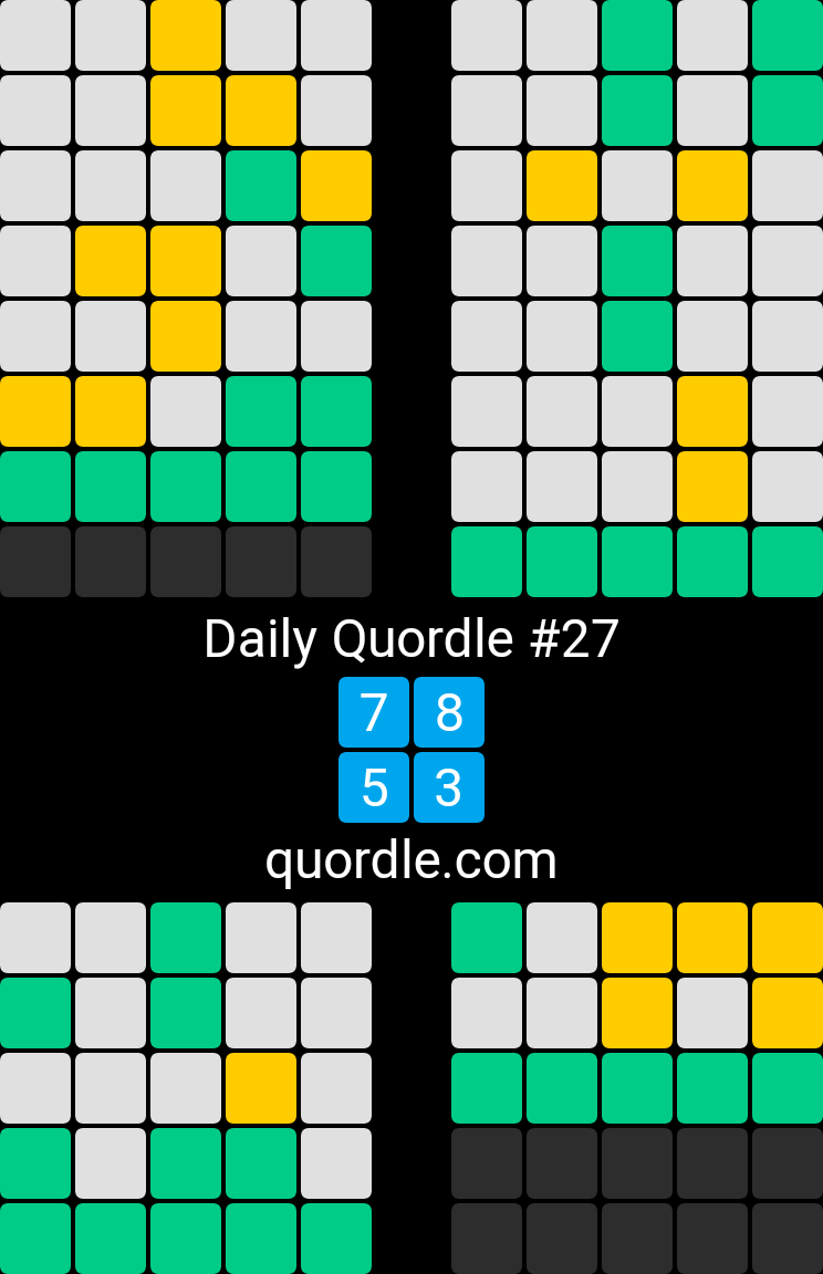 Daily Quordle #27
7️⃣8️⃣
5️⃣3️⃣
quordle.com