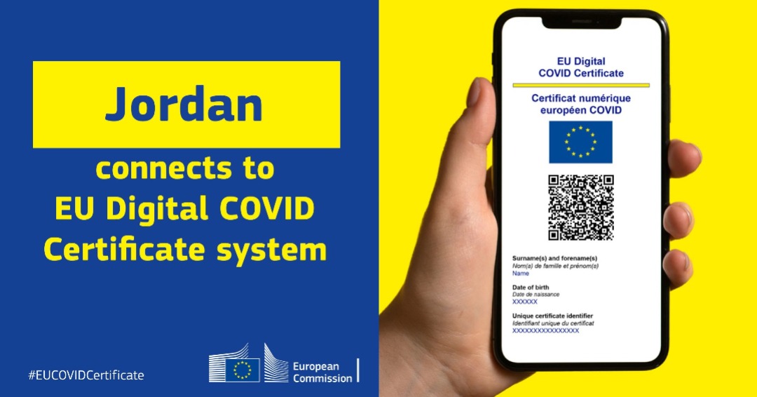 EUinJordan's tweet photo. Good news: #EU Digital COVID certificates and #Jordan digital COVID certificates are now readable by both sides to facilitate travel.🇪🇺🇯🇴
 
For travelling to the #EU, check the rules established by each Member State for details on acceptable vaccines and other travel requirements https://t.co/CDo85Ks2LV