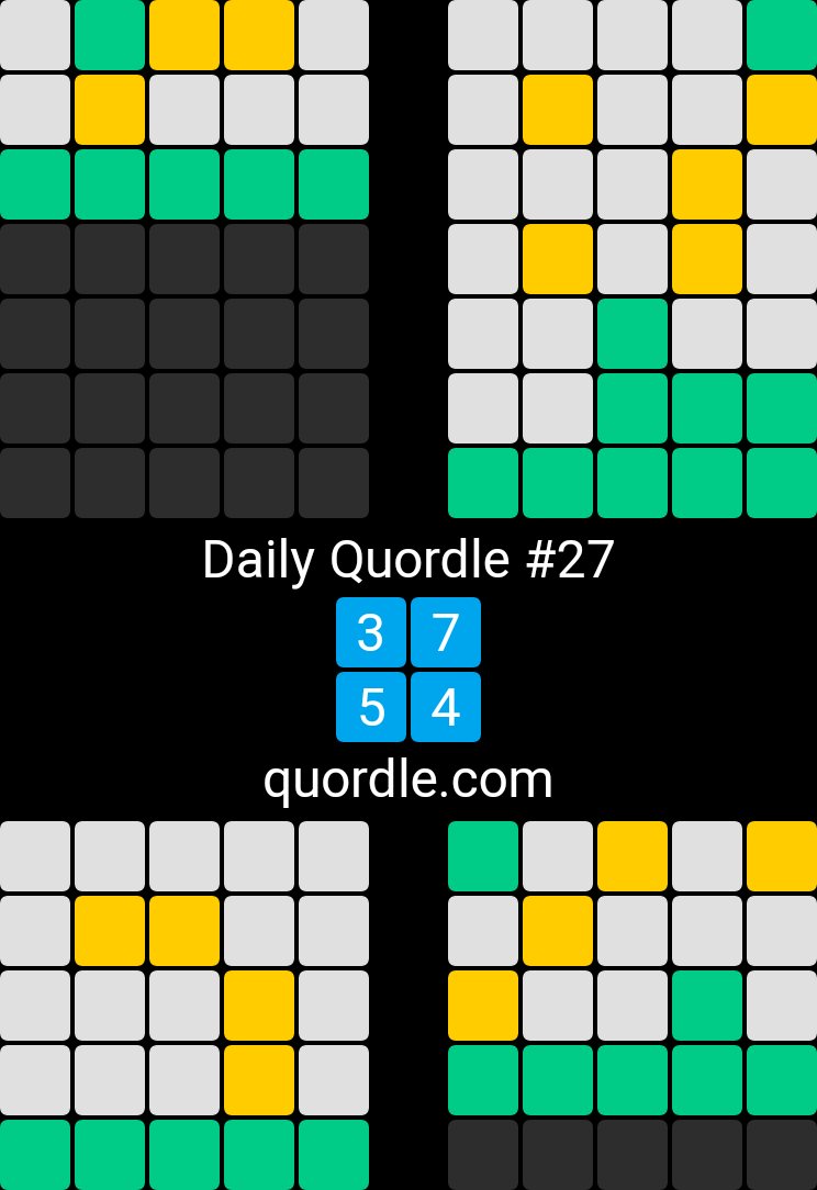 ClareJ29's tweet photo. Pleased with this one
Daily Quordle #27
3️⃣7️⃣
5️⃣4️⃣
https://t.co/Yxgqssiwhs https://t.co/sI64wGqjN4