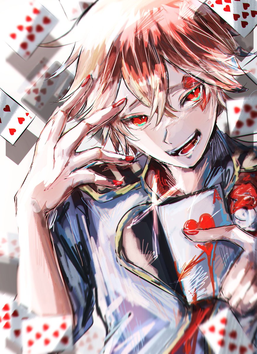 1boy male focus card red eyes solo playing card red nails  illustration images