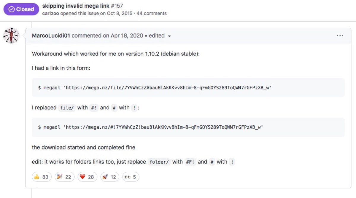 cyb_detective's tweet photo. If you get a "skipping invalid mega link" error when downloading with megatools, just replace file/ with #! and # with !
Thanks for tip Marco Lucidi
https://t.co/oyjNTwdl3j
#meganz #cli https://t.co/8PIN6qo6GF