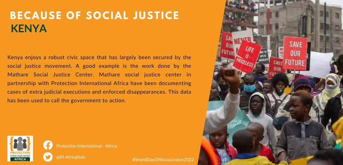 BECAUSE OF SOCIAL JUSTICE:
#Kenya enjoys a robust civic space that has largely been secured by the social justice movement. 
<a href="/MathareSJustice/">Mathare Social Justice Centre (MSJC)</a> in partnership with <a href="/PI_AfricaHub/">Protection International - Africa</a>  have been documenting cases of extra judicial executions and enforced disappearances
#SocialJusticeDay