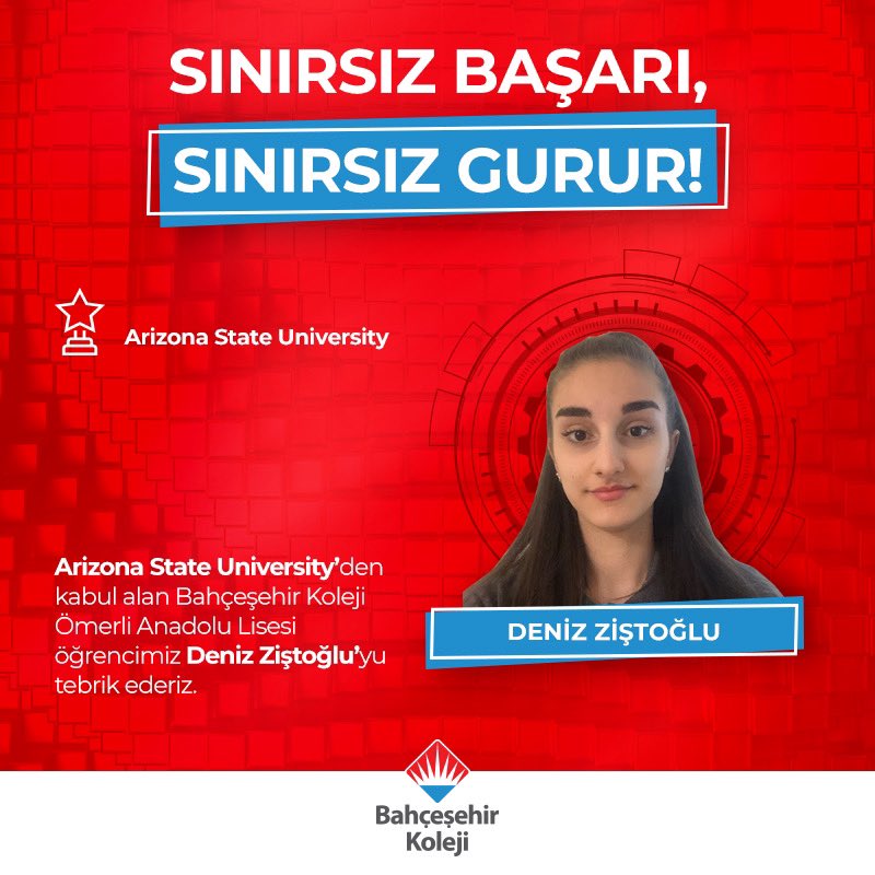 bahcesehir_k12's tweet photo. Sınırsız Başarı, Sınırsız Gurur!

Ömerli Anadolu Lisesi öğrencimiz Deniz Ziştoğlu, Arizona State University’den kabul aldı.

Gururluyuz!❤️💙
Yolun açık olsun sevgili Deniz✨

#bahçeşehirkoleji https://t.co/YQW5osuDjl