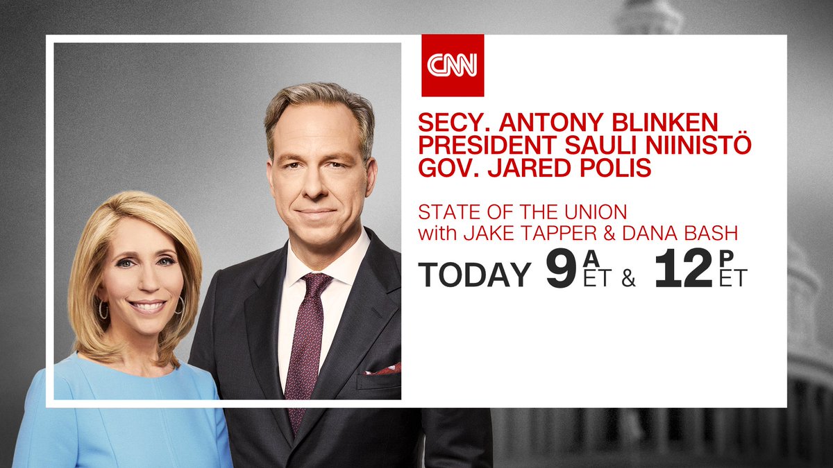 Good Morning! Today on #CNNSOTU w/ <a href="/DanaBashCNN/">Dana Bash</a>:

➡️ <a href="/SecBlinken/">Secretary Antony Blinken</a> 
➡️ President  <a href="/Niinisto/">Sauli Niinistö</a>
➡️ <a href="/GovofCO/">Governor Jared Polis</a>
➡️ <a href="/sbg1/">Susan Glasser</a>
➡️ <a href="/ScottJenningsKY/">Scott Jennings</a>
➡️ <a href="/KSoltisAnderson/">Kristen Soltis Anderson</a>
➡️ <a href="/RepColinAllred/">Rep. Colin Allred</a>  

Tune in on 📺 <a href="/CNN/">CNN</a>, 🌎🌍🌏 <a href="/cnni/">CNN International</a>, 🎧📻 <a href="/radiodotcom/">RADIO.COM</a>, <a href="/tunein/">TuneIn</a>, <a href="/SIRIUSXM/">SiriusXM</a> Ch. 116 &amp;  cnn.com/GO!