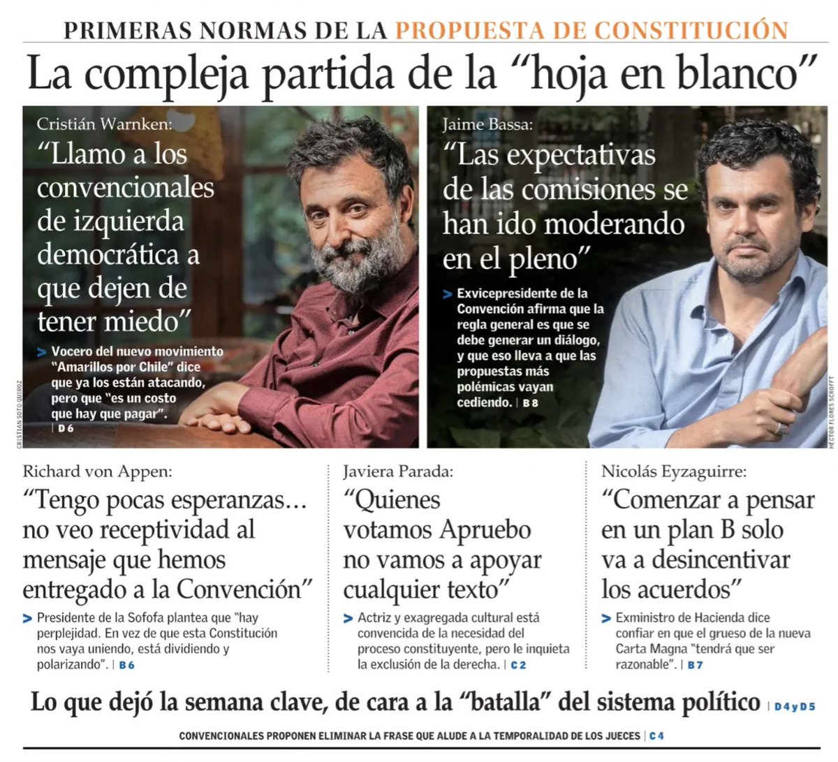 ojodelmedio's tweet photo. Apenas uno de los cinco entrevistados que van hoy en la portada de ElMer para opinar de la Convención han sido electos democráticamente para redactar la nueva Constitución. El líder amarillo, Cristián Warnken, demuestra que basta con ser amigo de los medios. https://t.co/Qv2kwP6AtL