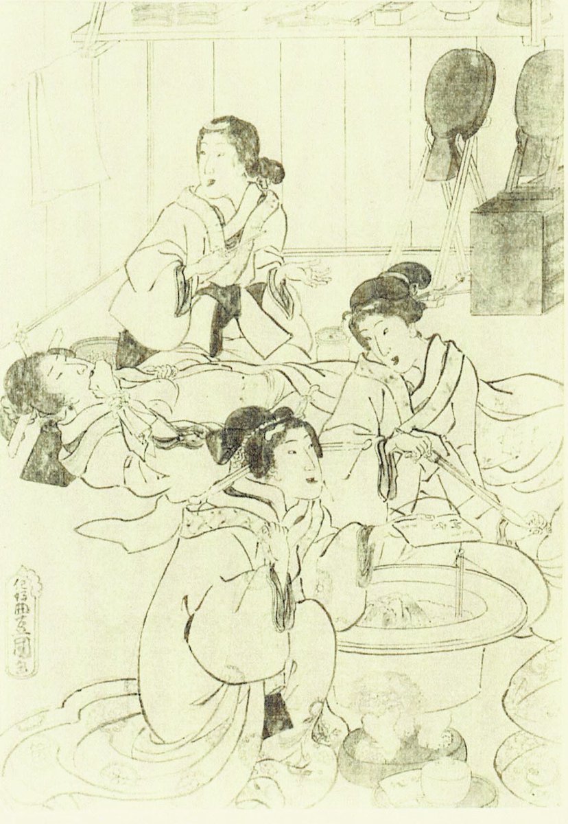 江戸期の避妊について話そう。

江戸期の避妊方法(と考えられたもの)は何個もあるのですが、今回は国貞の貴重な版下絵を参考に見ていきましょう。

遊廓の屋敷の内部で遊女たちがお灸を据えています。手拭いを噛み、熱そう。
これは避妊のまじない的な効果を期待したものと思われます。

つづく 