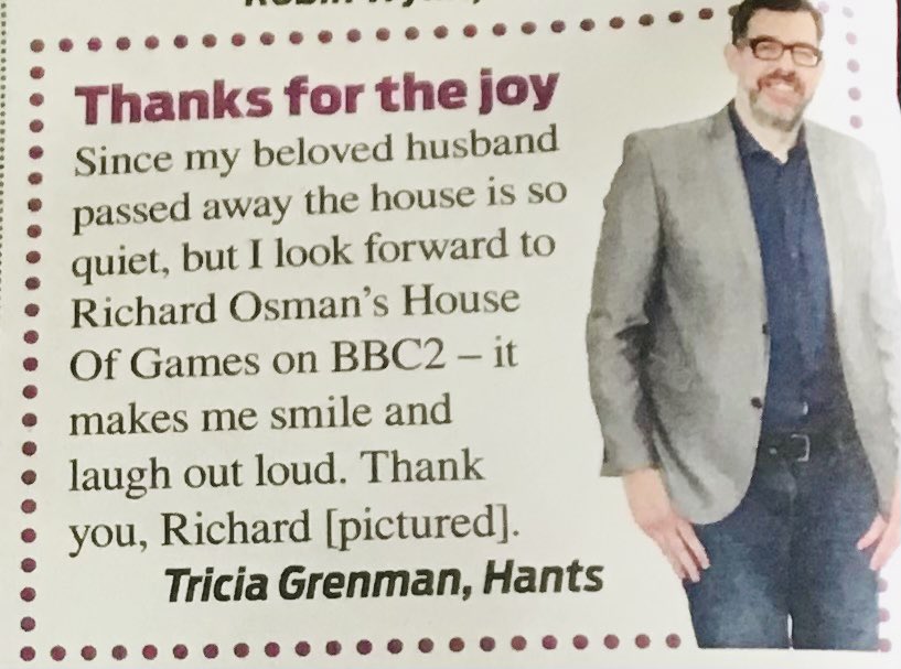 richardosman's tweet photo. This is why I feel so proud and so lucky to work in television. If anybody knows Tricia personally, please pass on the love of the whole 'House Of Games' team ❤️❤️❤️ https://t.co/eSDV8491Ym