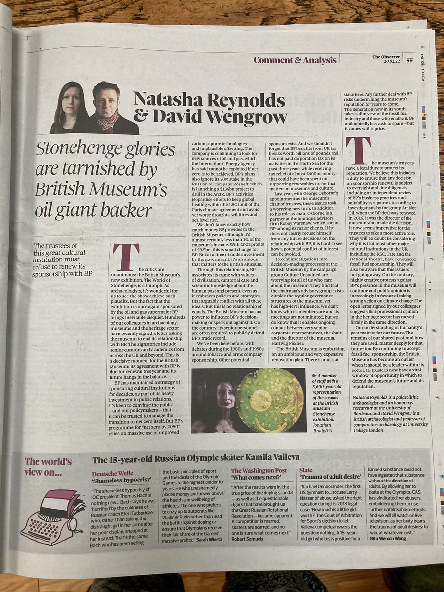 Great to see <a href="/Tash_Reynolds/">Natasha Reynolds</a> and <a href="/davidwengrow/">David Wengrow</a> get a full page in the Observer to set out why so many archaeologists are urging the <a href="/britishmuseum/">British Museum</a> to #DropBP. #theworldofstonehenge #stonehenge Link: theguardian.com/commentisfree/…