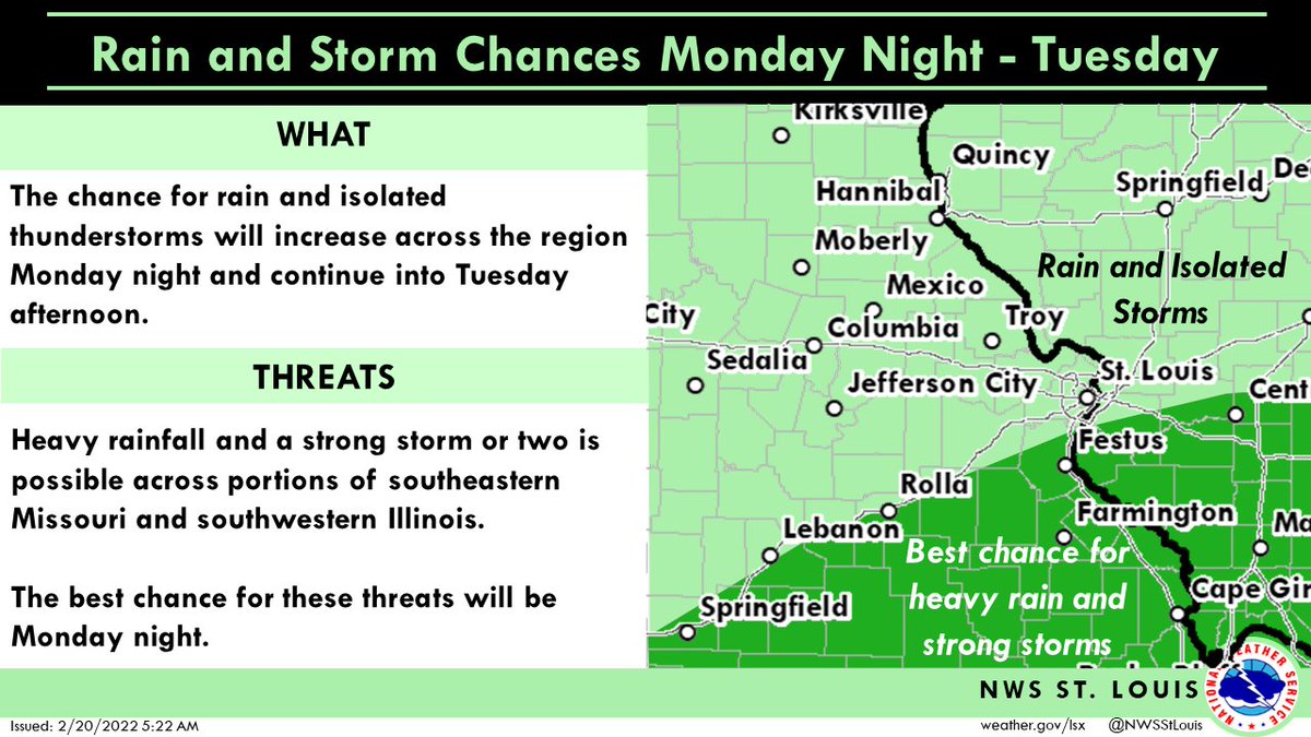 NWSStLouis's tweet photo. Rain and isolated storms will spread across the region Monday night and continue through Tuesday afternoon. For Monday night, a storm or two may become strong over portions of southeastern Missouri and southwestern Illinois, where heavy rainfall will be a threat as well. 2/3 https://t.co/UhnHXikya2