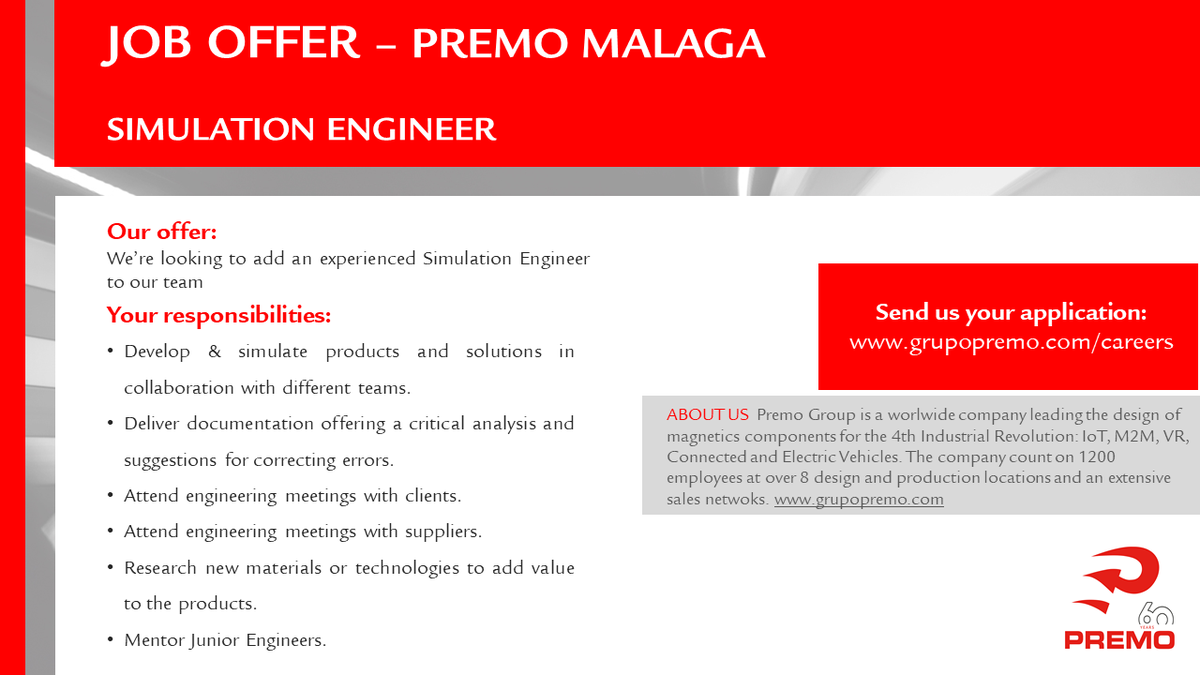 premogroup's tweet photo. At Premo Group, we are looking to add a SIMULATION ENGINEER to our #team! Interested? Send us your application here ▶️https://t.co/4OCtW8cqhj
#jobsmalaga #workinmalaga #jobopportunities #simulation #engineers #business #engineersjobs #2022jobs https://t.co/JokjpgDXIb