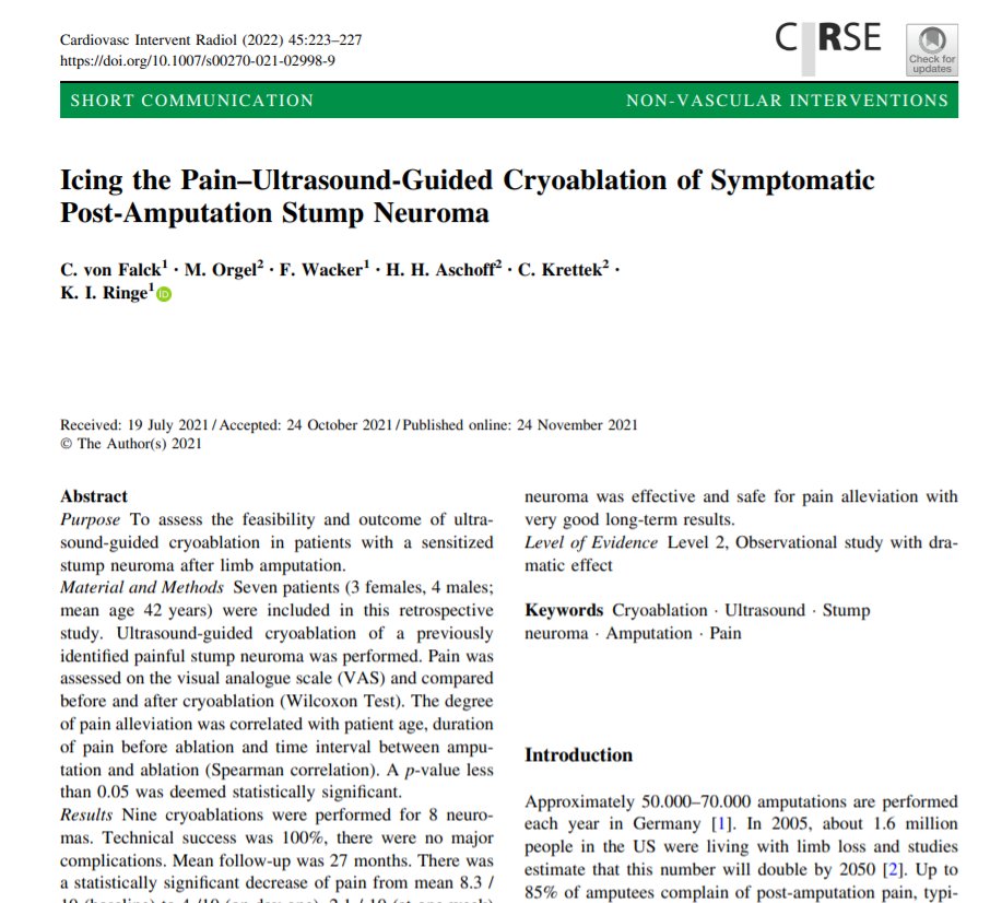 #TheSundayRead! #OpenAccess
Icing the Pain–Ultrasound-Guided #Cryoablation of Symptomatic Post-Amputation Stump Neuroma
link.springer.com/article/10.100…
#ShortCommunication