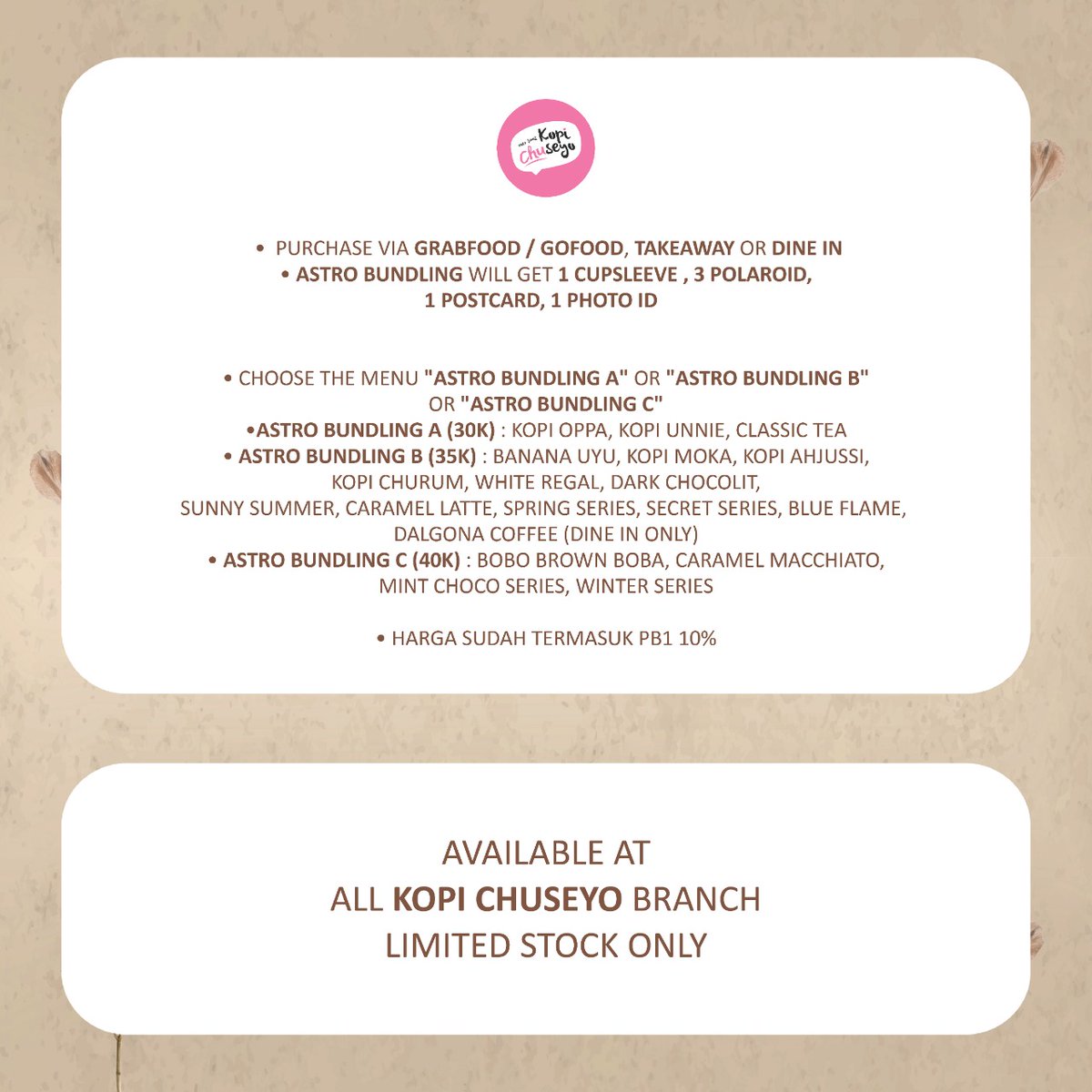 offclASTROid's tweet photo. AROHA~ Let’s celebrate ASTRO 6th Anniversary on 23 February 2022 with us and @kopichuseyoid 🥳💖

Setiap pembelian 1 ASTRO Bundling (30-40K) bakalan dapet 1 Cupsleeve, 3 Polaroid (Random of 6), 1 Photo ID 2 Cut (Random of 3) dan  1 Postcard A6

#kopichuseyo #koreanfood https://t.co/G5uLWtr6V0