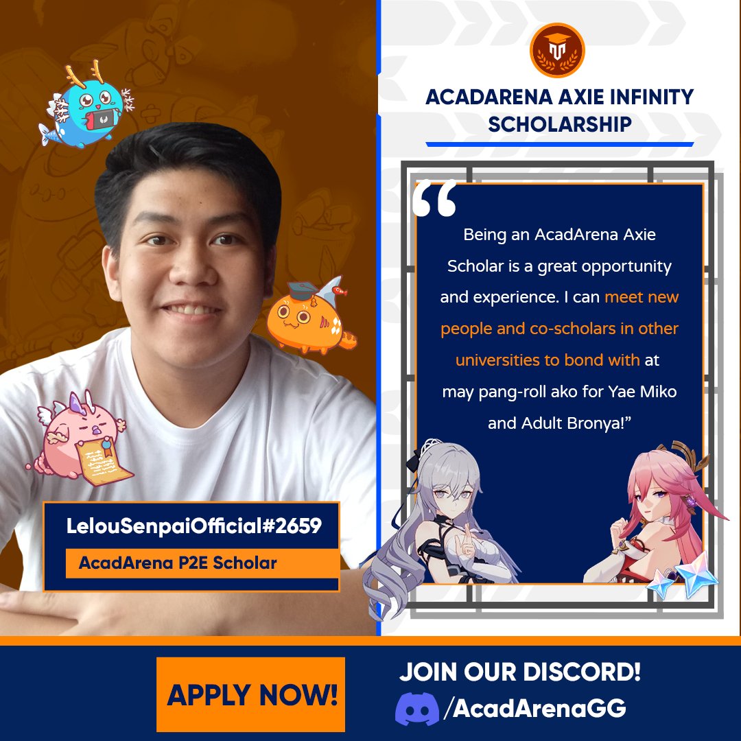 acadarena's tweet photo. Pang-#PlayToEarn na, pang-gacha pull pa 🎉 Apply ka rito: https://t.co/PiGMZtuptk

Maging AcadArena #PlayToGrad 🎓 Scholar tulad ni Lelou Senpai!

#NotJustPlay #AxieScholarship https://t.co/LMdZFtZVvn