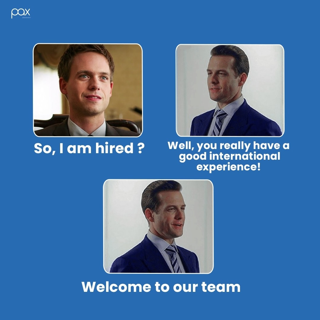 PAXEdutainment's tweet photo. Intern internationally with PAX and let the employer feel the same 😎 This can be you! 🏆
_______________
#internationalexperience #paxmeme #confidentboost #paxinterns #abroadinternship #paxcommunity #suitsnetflix #internship2022 #foreigninternship #justPAXthings #paxedutainment https://t.co/vqCH32QtgB