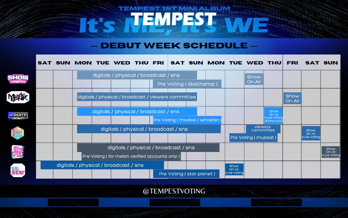 TEMPESTVOTING's tweet photo. We made a poster for the whole tracking week of music shows, and TEMPEST tracking starts at March 2 WED . Hoping for our first week sales, streams, and digitals to be high so that we can secure them wins + start to collect on voting apps too !! https://t.co/ykHTSyZD3V