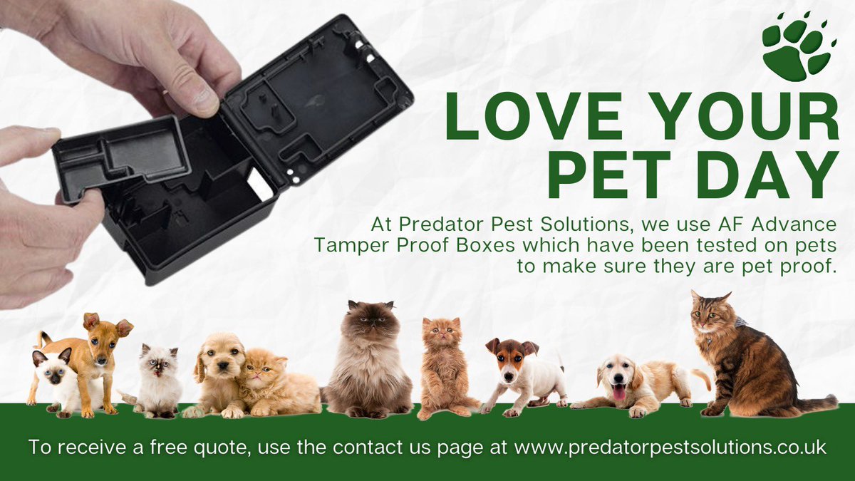 predatorlondon's tweet photo. Today is #LoveYourPetDay! 🐶🐱 

We go the extra mile for you and your family’s safety.

Our AF Advance Tamper Proof boxes have been tested to keep your animals safe at home.

📥 info@predatorpestsolutions.co.uk
☎️ 0800 112 3480

#PestControl #Surrey #London #Pesticides https://t.co/5ul6MLM3OO
