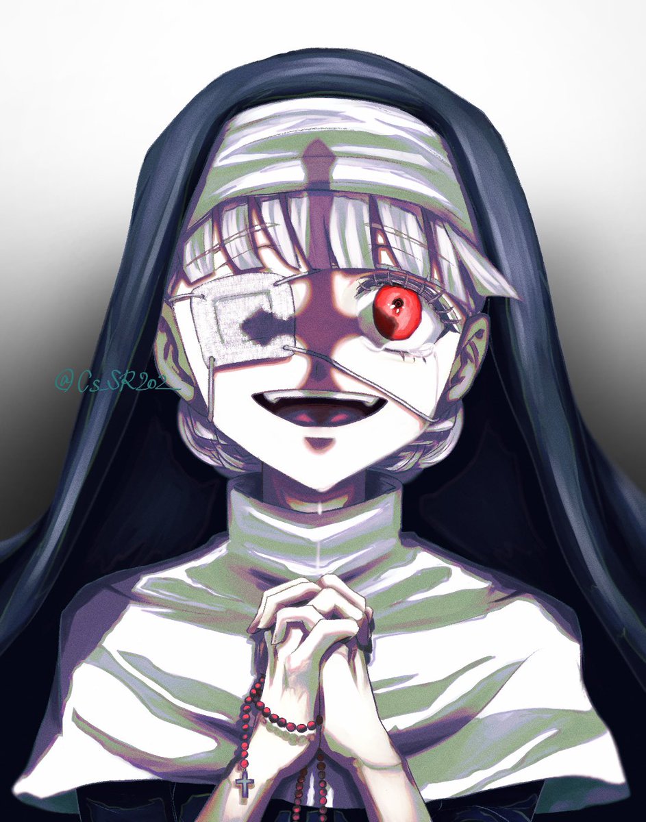 1girl red eyes nun habit solo smile jewelry  illustration images
