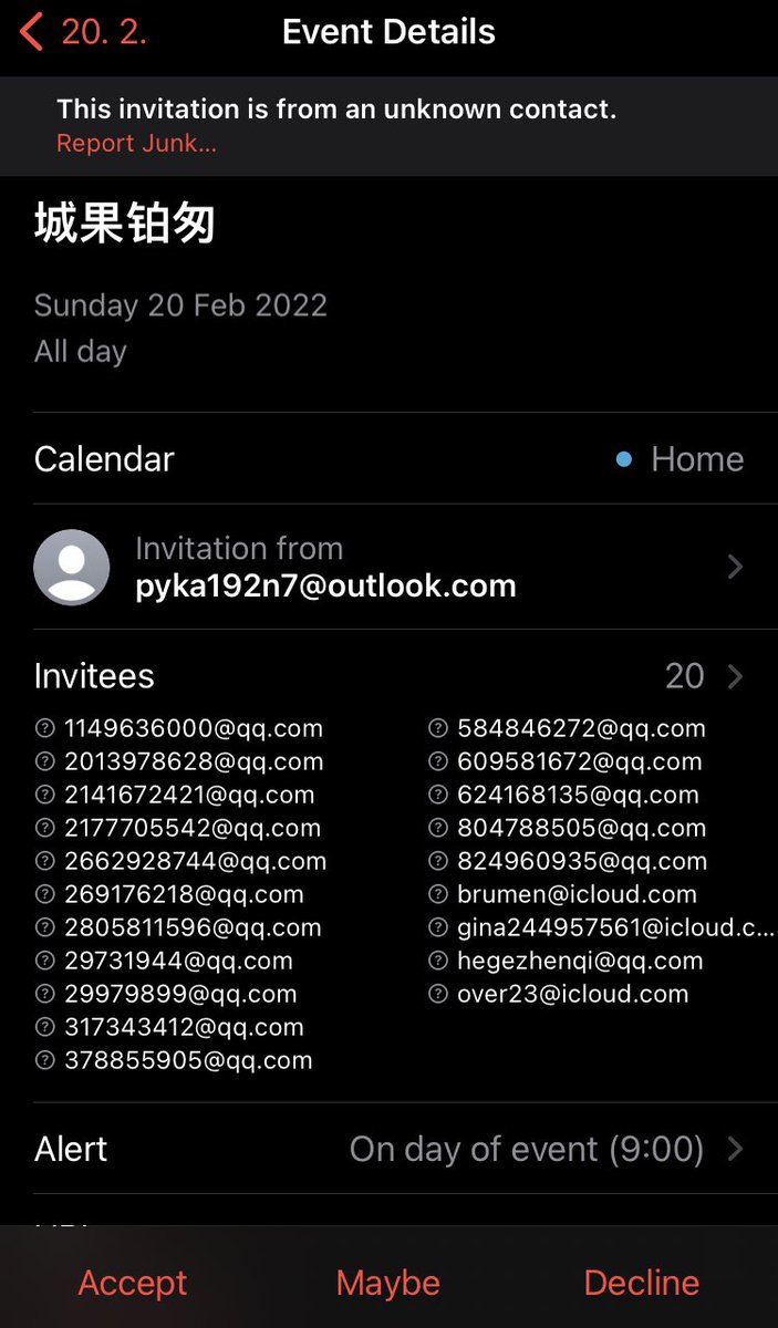 over2393's tweet image. hezky scam, posilat jako prvni spam/potencialne virus/troyan jako calendar event. i jen decline muze vest k mapovani uzitecnych emailu a pokud je v outlooku dira, tak i spusteni #troian #outlook #spam
