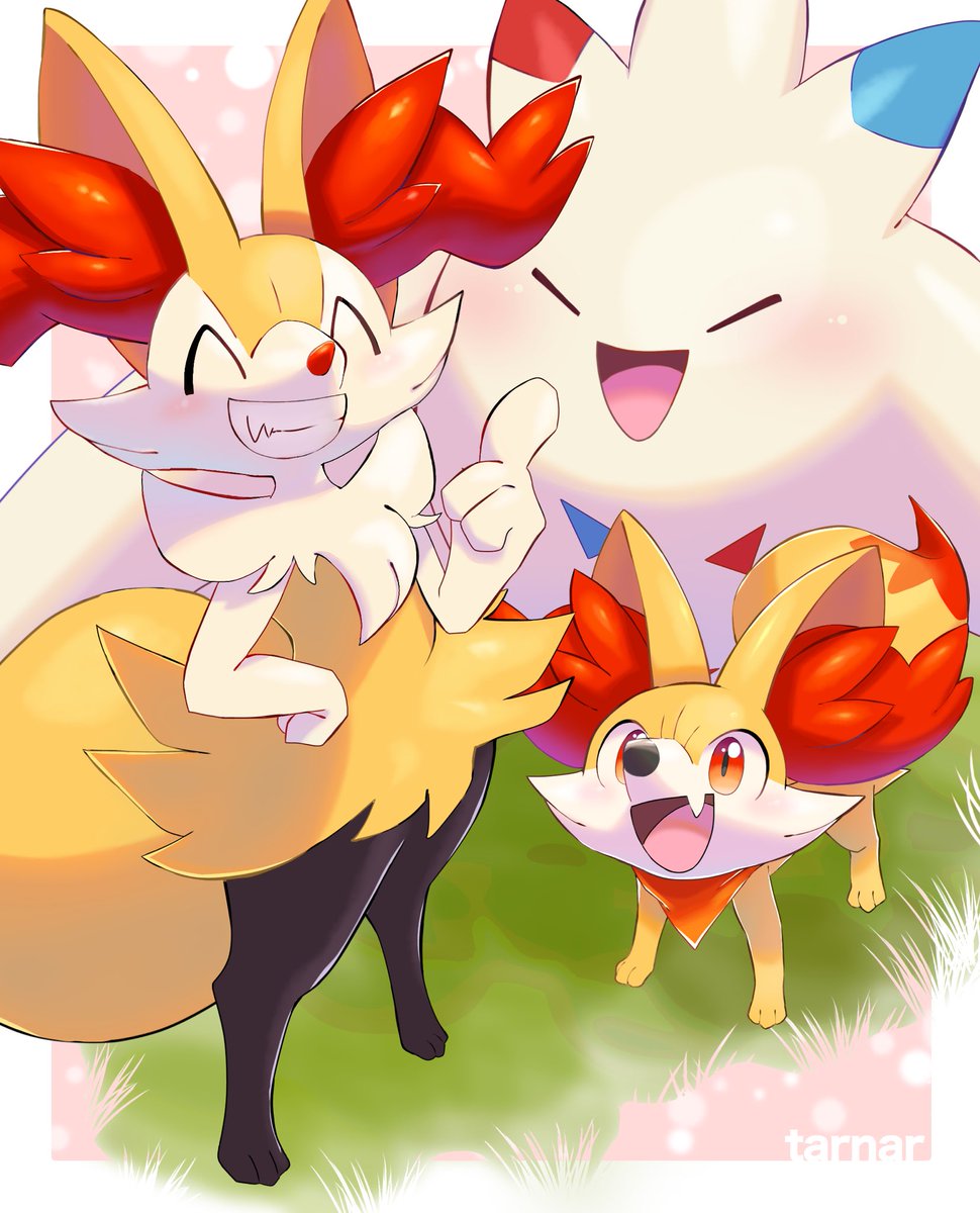 braixen pokemon (creature) smile animal ear fluff closed eyes fang white fur grass  illustration images
