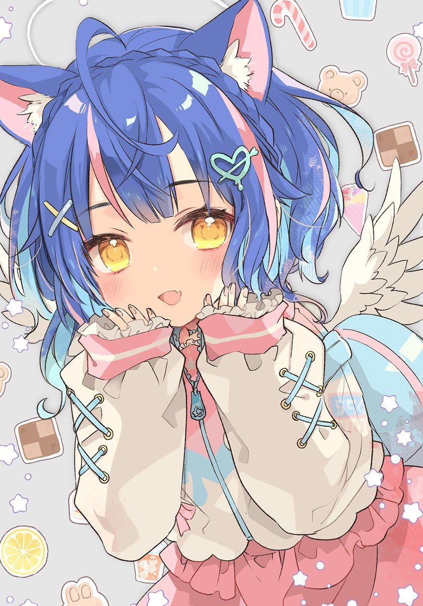 1girl food animal ears candy blue hair solo hair ornament  illustration images