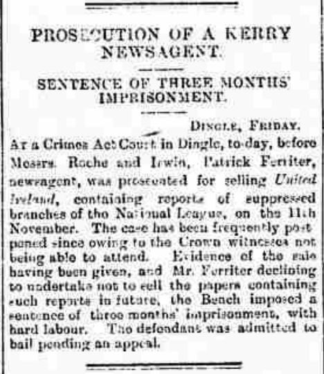 😲 Three months of hard labour for selling copies of United Ireland

🗞️ Report from Northern Whig in March 1888

#Kerry #Dingle #Ireland